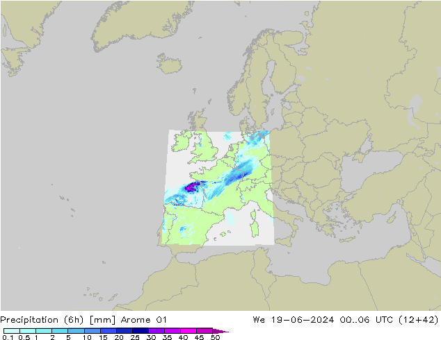 Precipitation (6h) Arome 01 We 19.06.2024 06 UTC