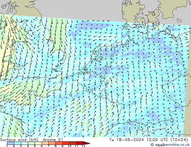 Surface wind (bft) Arome 01 Tu 18.06.2024 12 UTC