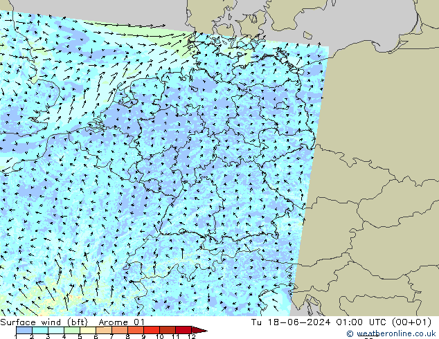 Vento 10 m (bft) Arome 01 mar 18.06.2024 01 UTC