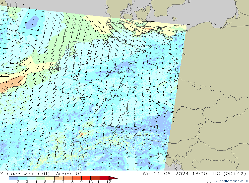 Surface wind (bft) Arome 01 St 19.06.2024 18 UTC