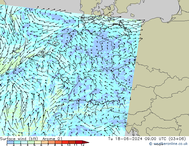 Vento 10 m (bft) Arome 01 mar 18.06.2024 09 UTC