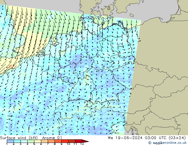 Surface wind (bft) Arome 01 We 19.06.2024 03 UTC