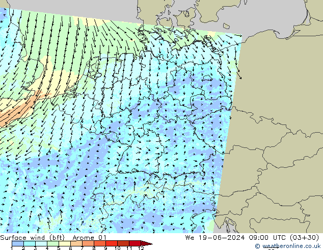 Surface wind (bft) Arome 01 We 19.06.2024 09 UTC