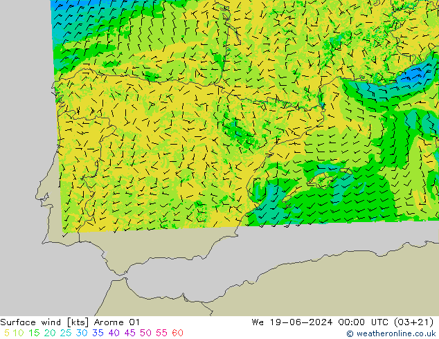 Surface wind Arome 01 We 19.06.2024 00 UTC