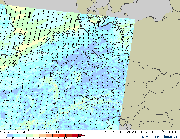 Wind 10 m (bft) Arome 01 wo 19.06.2024 00 UTC