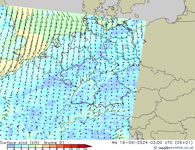 Surface wind (bft) Arome 01 We 19.06.2024 03 UTC