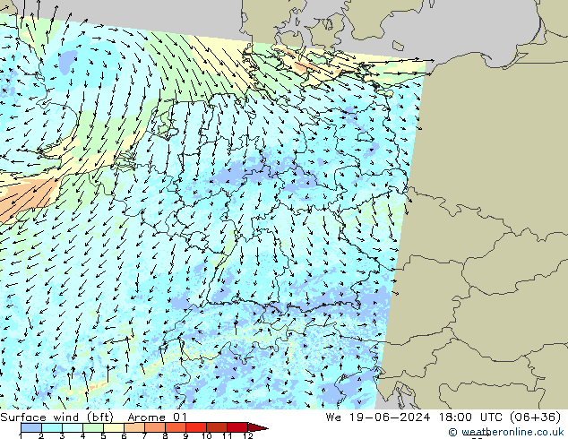 Surface wind (bft) Arome 01 St 19.06.2024 18 UTC