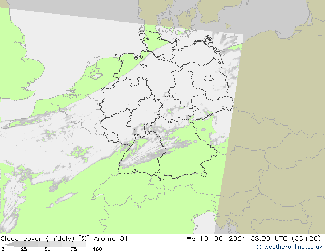 Cloud cover (middle) Arome 01 We 19.06.2024 08 UTC