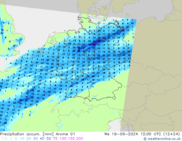 Precipitation accum. Arome 01 We 19.06.2024 12 UTC