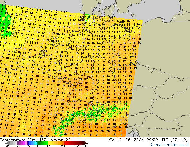 Temperaturkarte (2m) Arome 01 Mi 19.06.2024 00 UTC