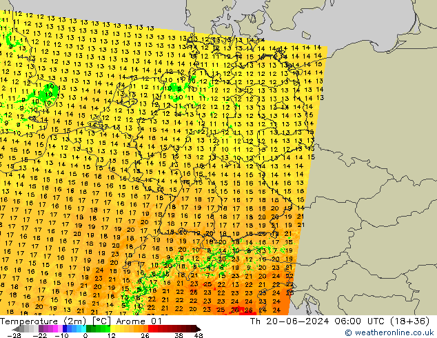 Temperatura (2m) Arome 01 jue 20.06.2024 06 UTC