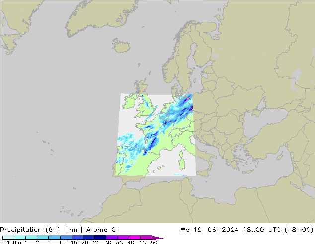 Precipitation (6h) Arome 01 We 19.06.2024 00 UTC