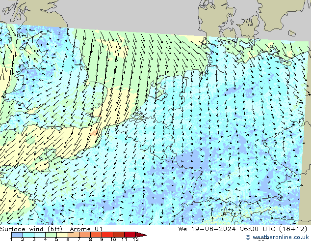 Surface wind (bft) Arome 01 St 19.06.2024 06 UTC