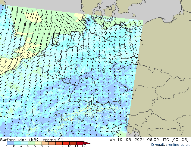 Vent 10 m (bft) Arome 01 mer 19.06.2024 06 UTC