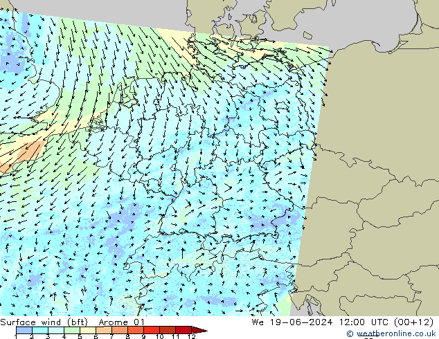 wiatr 10 m (bft) Arome 01 śro. 19.06.2024 12 UTC