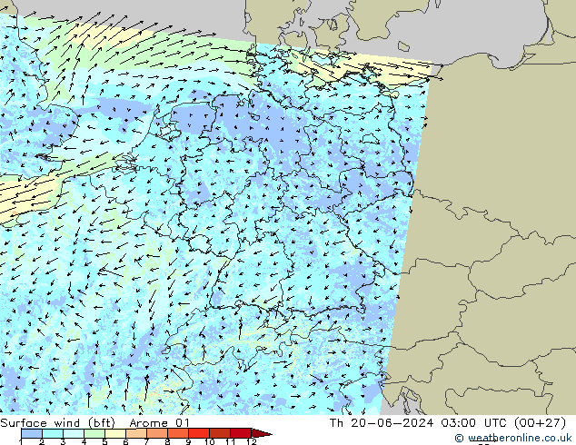 Surface wind (bft) Arome 01 Th 20.06.2024 03 UTC