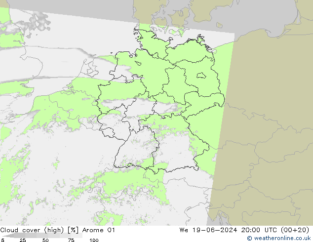 Cloud cover (high) Arome 01 We 19.06.2024 20 UTC