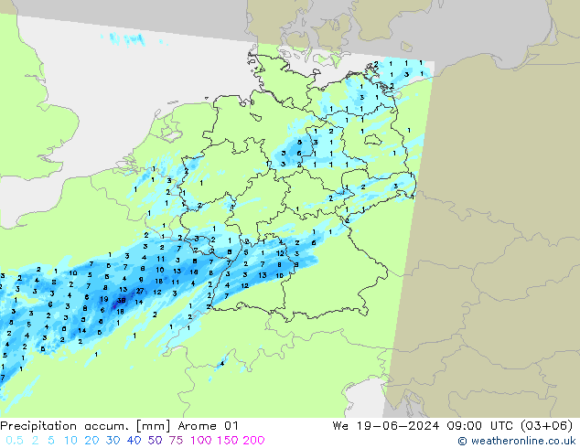 Nied. akkumuliert Arome 01 Mi 19.06.2024 09 UTC