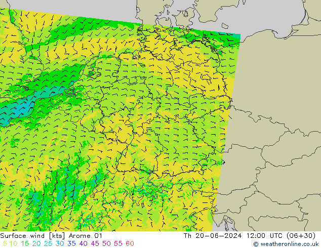 Viento 10 m Arome 01 jue 20.06.2024 12 UTC