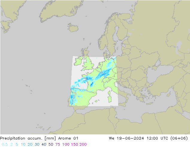 Precipitation accum. Arome 01 We 19.06.2024 12 UTC