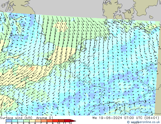 Surface wind (bft) Arome 01 St 19.06.2024 07 UTC