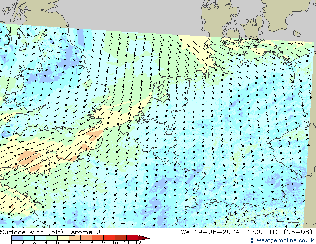 Viento 10 m (bft) Arome 01 mié 19.06.2024 12 UTC