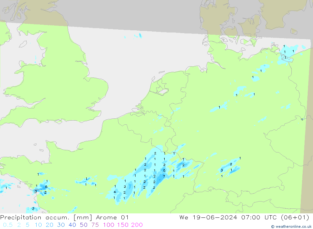 Totale neerslag Arome 01 wo 19.06.2024 07 UTC