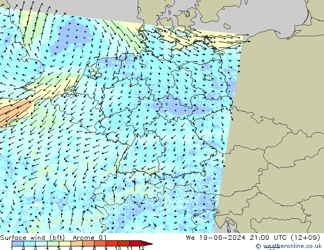 Wind 10 m (bft) Arome 01 wo 19.06.2024 21 UTC