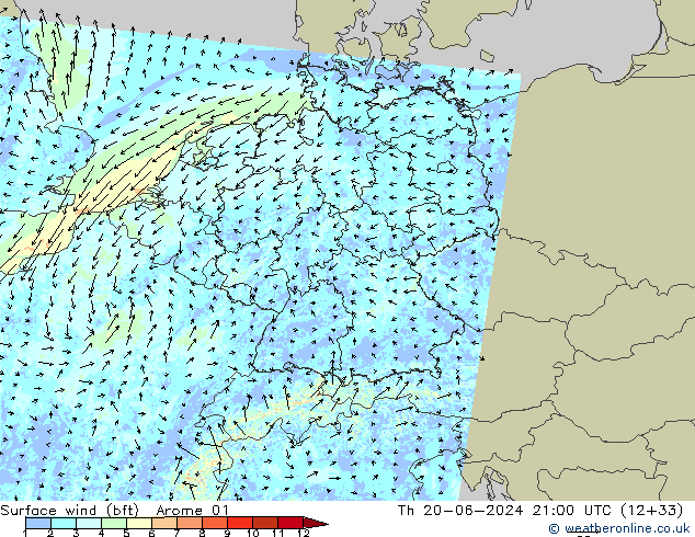 Surface wind (bft) Arome 01 Th 20.06.2024 21 UTC