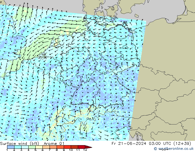 Surface wind (bft) Arome 01 Fr 21.06.2024 03 UTC