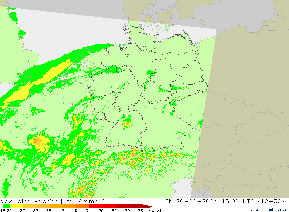 Max. wind velocity Arome 01 Čt 20.06.2024 18 UTC