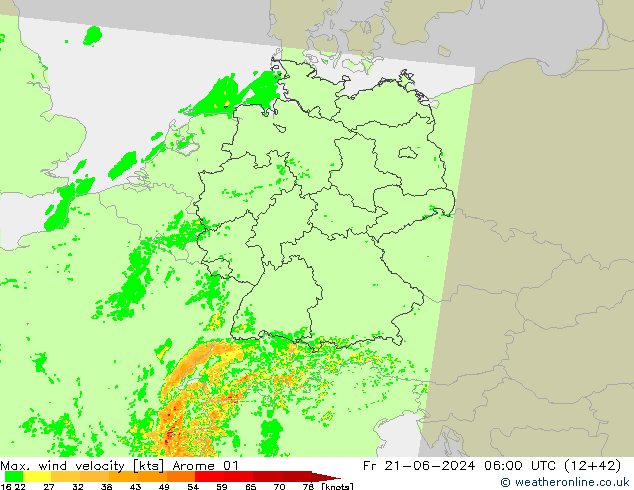 Max. wind velocity Arome 01 Fr 21.06.2024 06 UTC