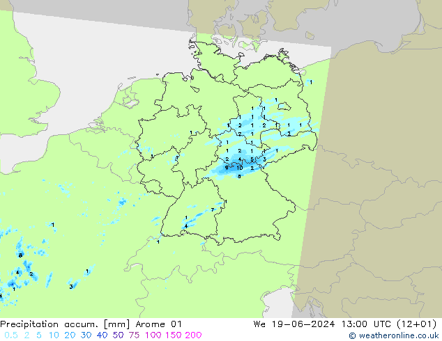 Précipitation accum. Arome 01 mer 19.06.2024 13 UTC