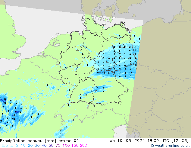 Precipitation accum. Arome 01 We 19.06.2024 18 UTC