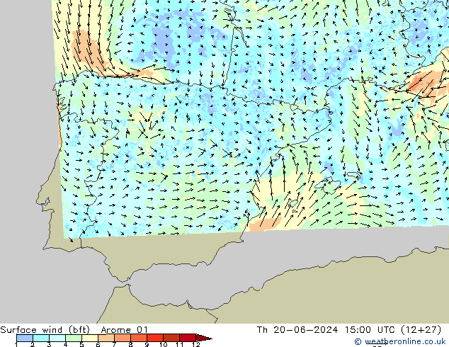 Surface wind (bft) Arome 01 Čt 20.06.2024 15 UTC