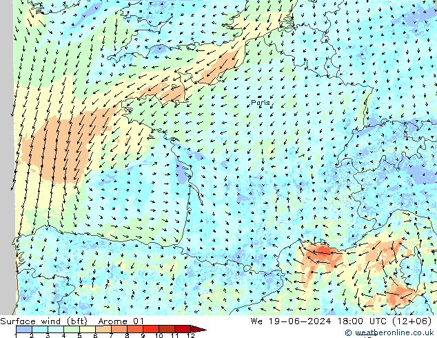 Bodenwind (bft) Arome 01 Mi 19.06.2024 18 UTC