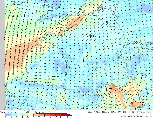 Surface wind (bft) Arome 01 We 19.06.2024 21 UTC