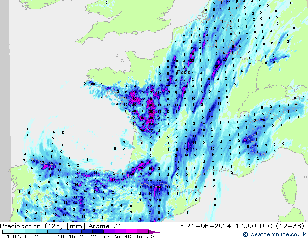 Precipitation (12h) Arome 01 Fr 21.06.2024 00 UTC