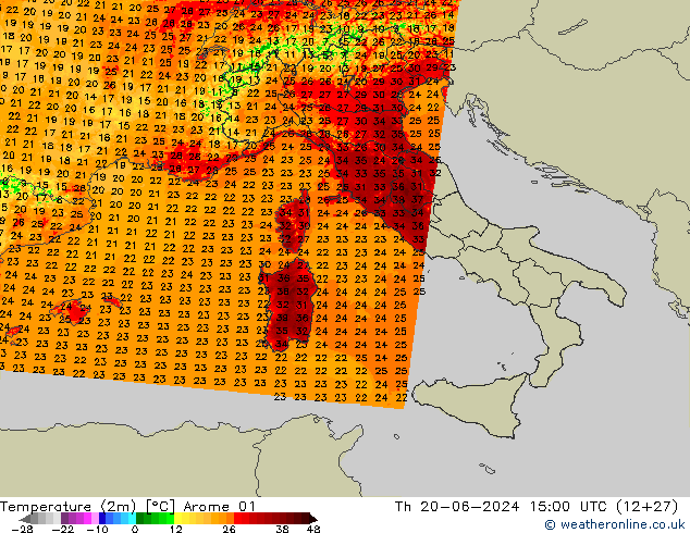 Sıcaklık Haritası (2m) Arome 01 Per 20.06.2024 15 UTC