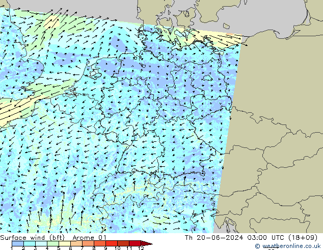 Surface wind (bft) Arome 01 Th 20.06.2024 03 UTC