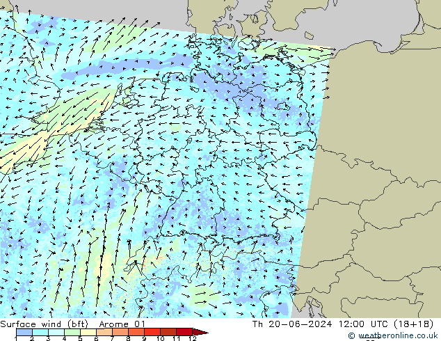 Wind 10 m (bft) Arome 01 do 20.06.2024 12 UTC