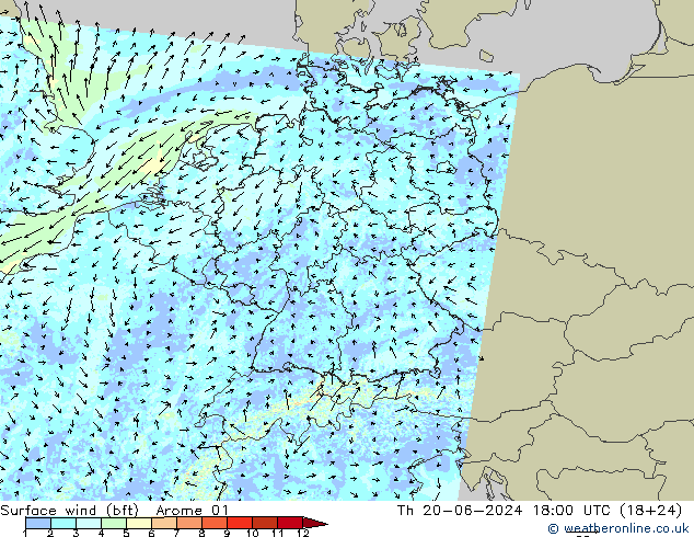 Surface wind (bft) Arome 01 Čt 20.06.2024 18 UTC