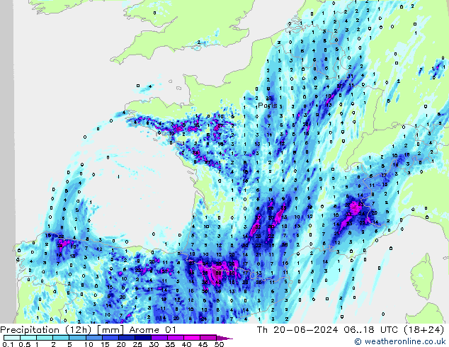 Précipitation (12h) Arome 01 jeu 20.06.2024 18 UTC