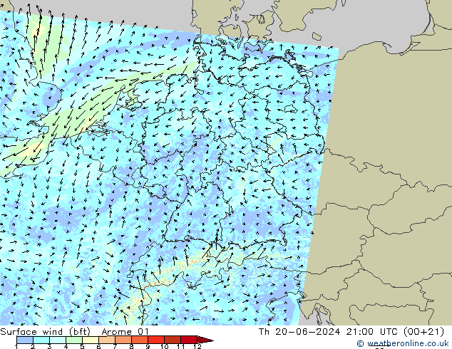 Surface wind (bft) Arome 01 Th 20.06.2024 21 UTC