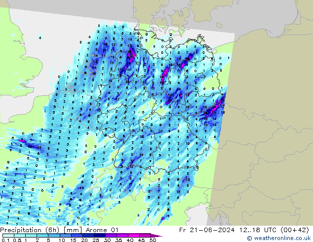 Precipitazione (6h) Arome 01 ven 21.06.2024 18 UTC