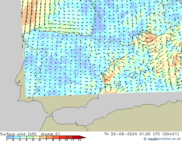 Surface wind (bft) Arome 01 Čt 20.06.2024 01 UTC