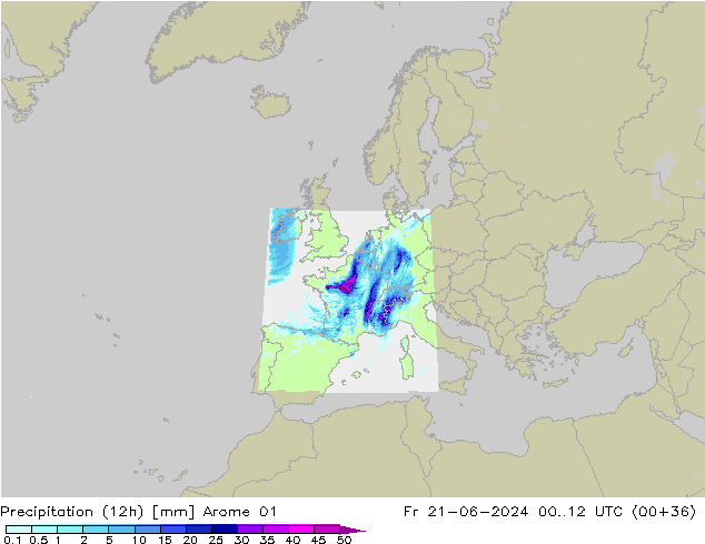 Precipitazione (12h) Arome 01 ven 21.06.2024 12 UTC