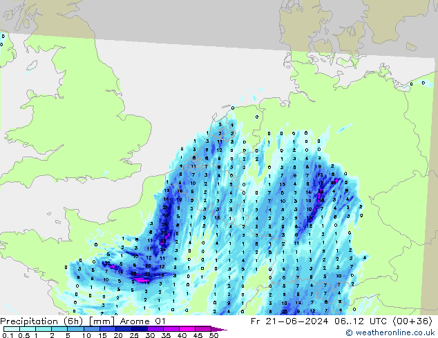 降水量 (6h) Arome 01 星期五 21.06.2024 12 UTC