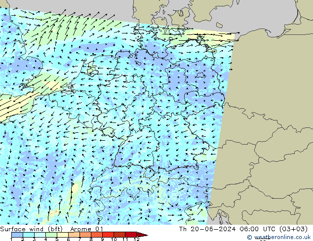 Wind 10 m (bft) Arome 01 do 20.06.2024 06 UTC
