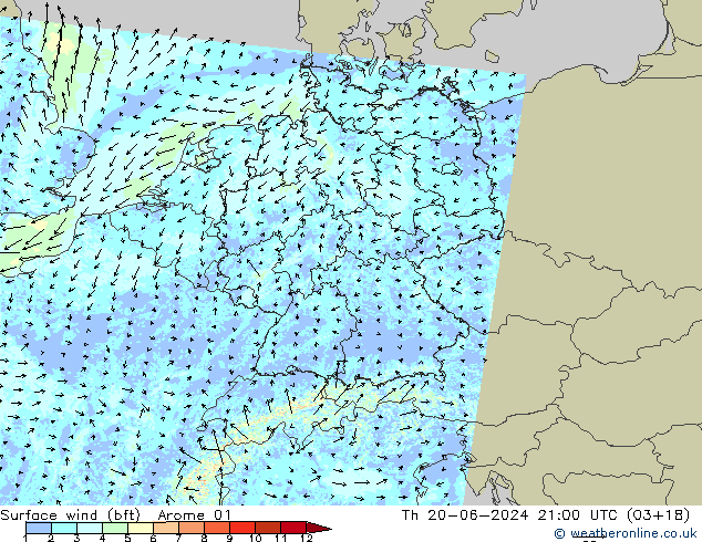 Surface wind (bft) Arome 01 Th 20.06.2024 21 UTC